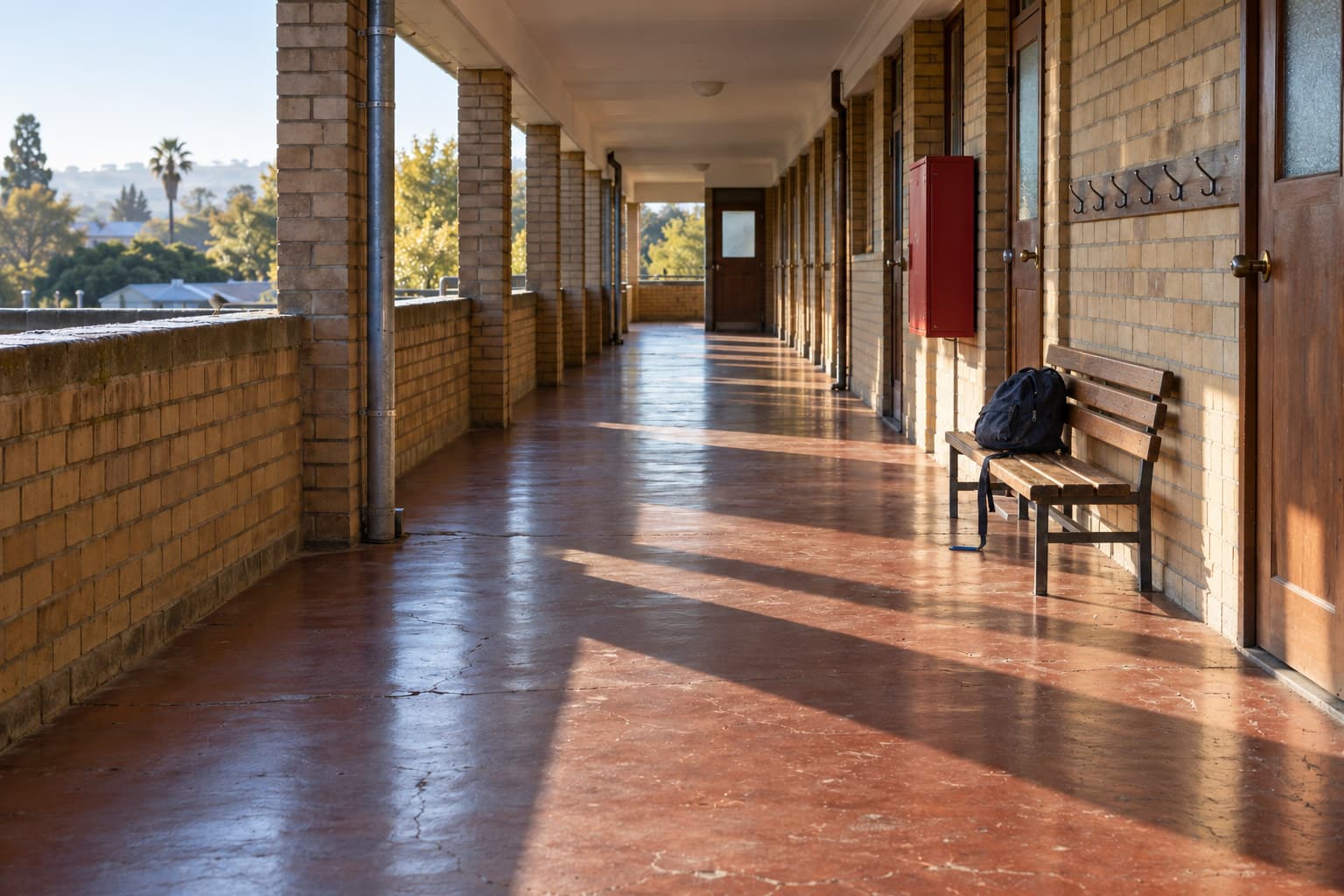 A covered school walkway in early morning light, with one bag on a bench